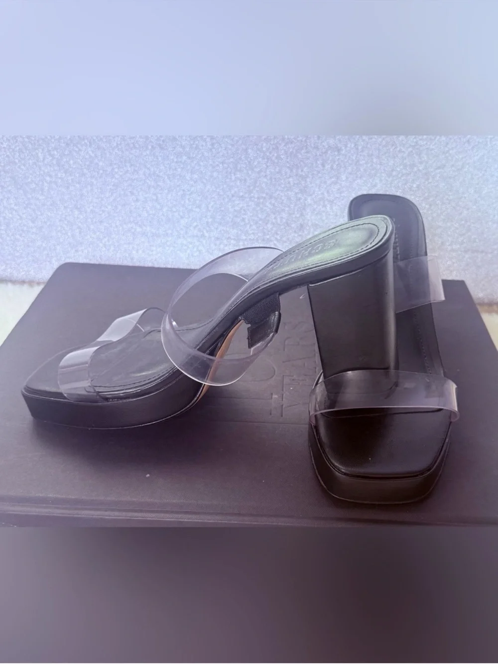 SCHUTZ Black Platform Mules with Clear Straps